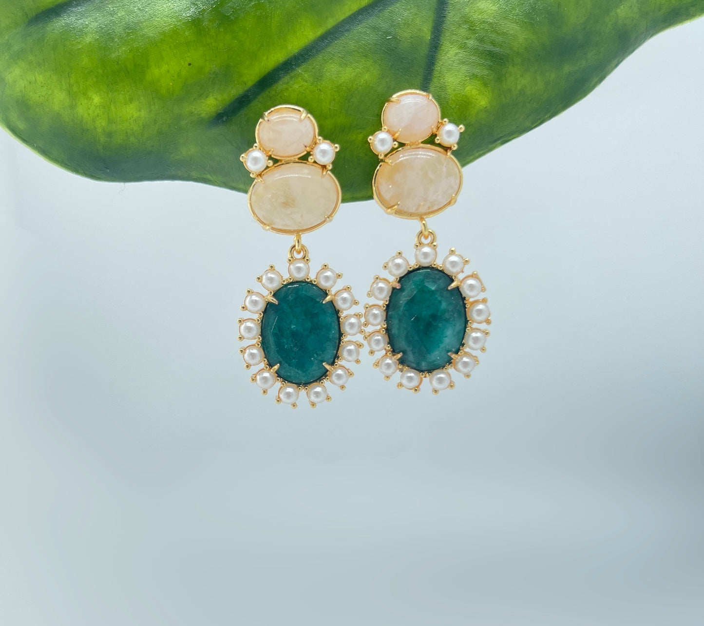 Moonstone and raw emerald earrings