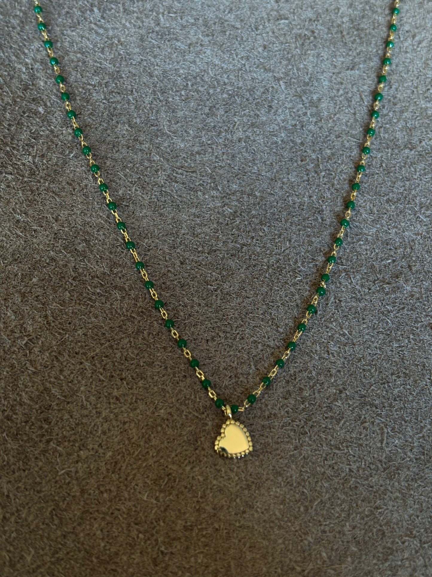 Green/gold beaded heart necklace