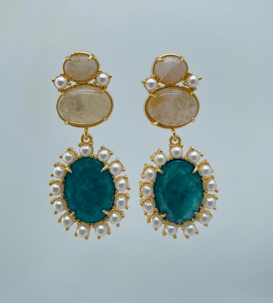 Moonstone and raw emerald earrings