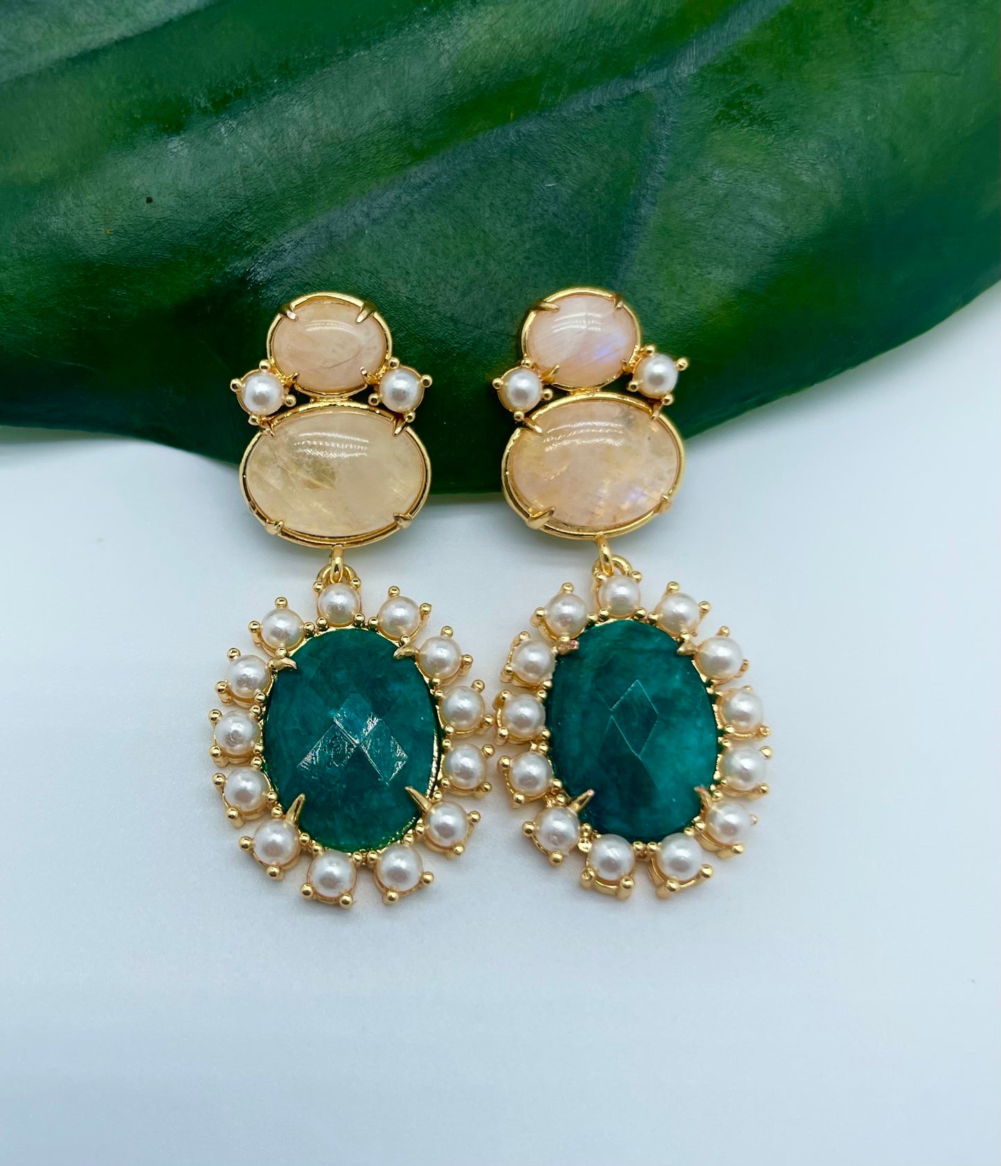Moonstone and raw emerald earrings