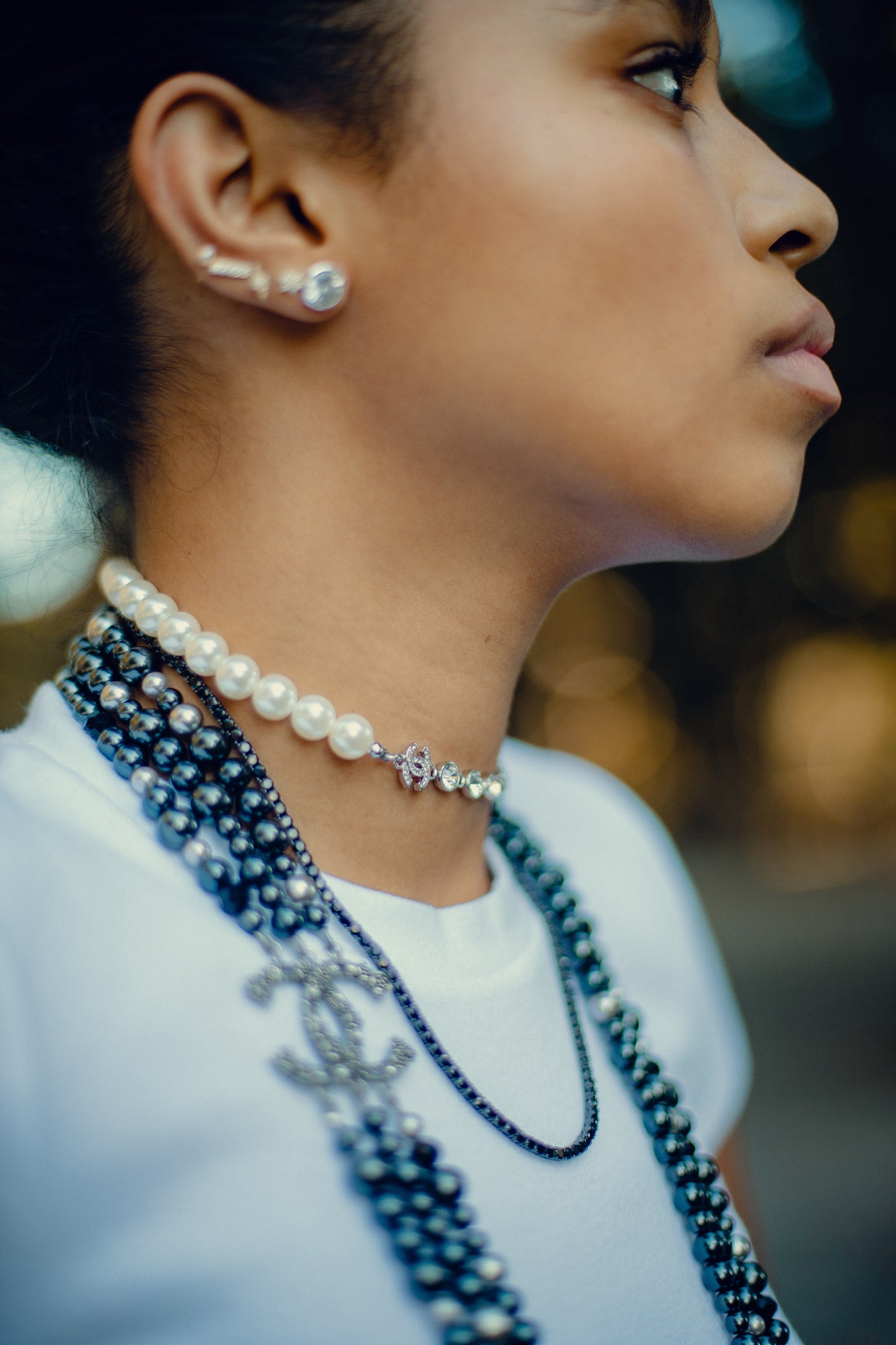 PEARL SILVER RHINESTONES NECKLACE